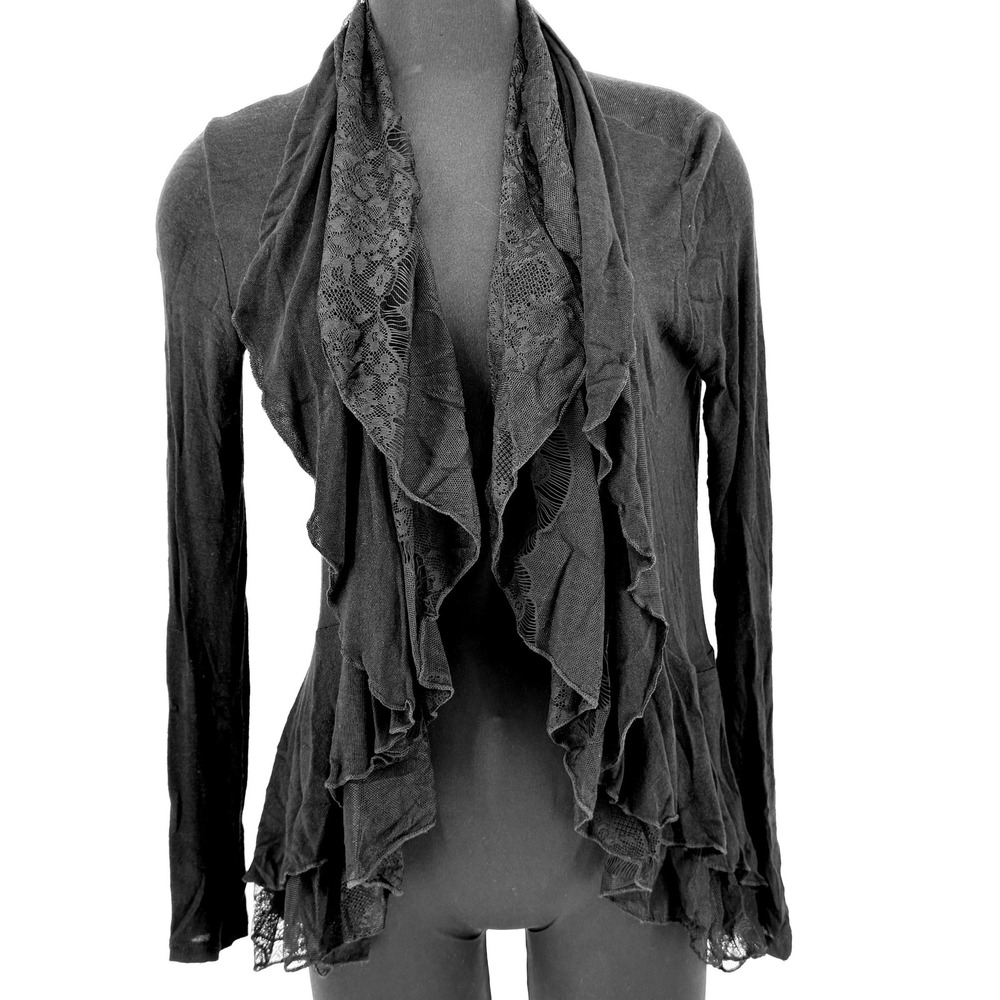 Vintage Cache Y2k Witchy Black Lace Ruffled Open Front Cardigan Size S Whimsigot